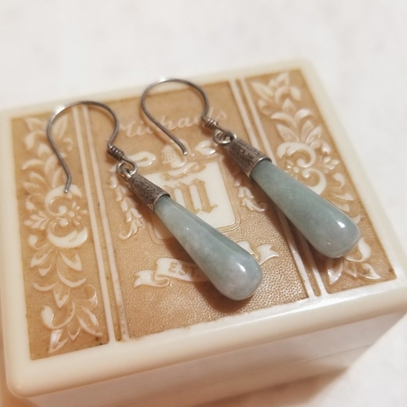 Vintage Jewelry - Celadon Jade Sterling Drop Earrings